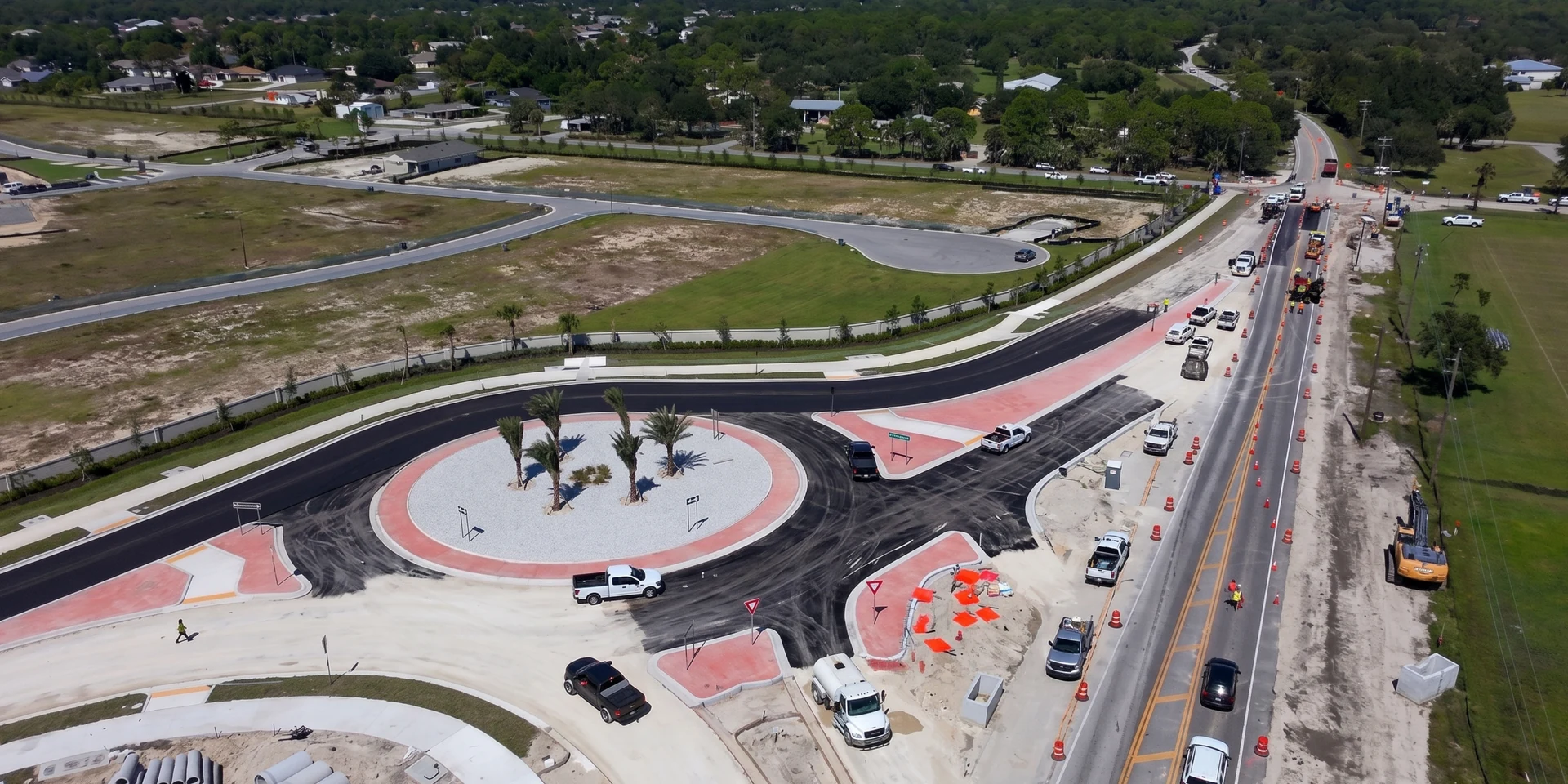 Aerial view of a roadway construction site